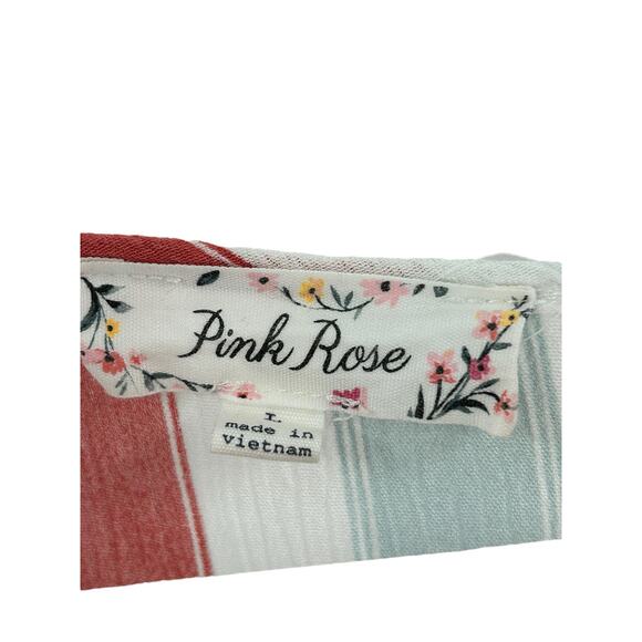 Striped Multicolor Pink Rose Tie Front Top Large Elastic Hem - Picture 4 of 9